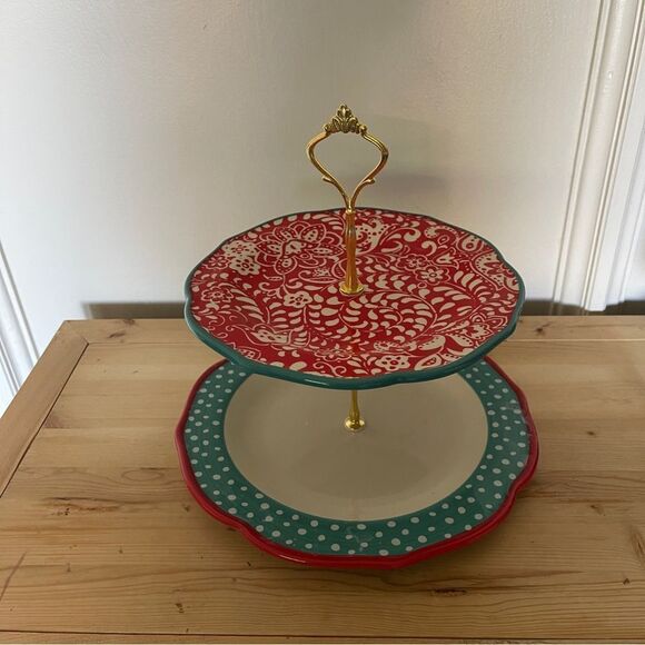 PIONEER WOMAN CUPCAKE DESSERT STAND 2-TIER Travelling Vines Teal White Dots NWOT - Picture 3 of 8